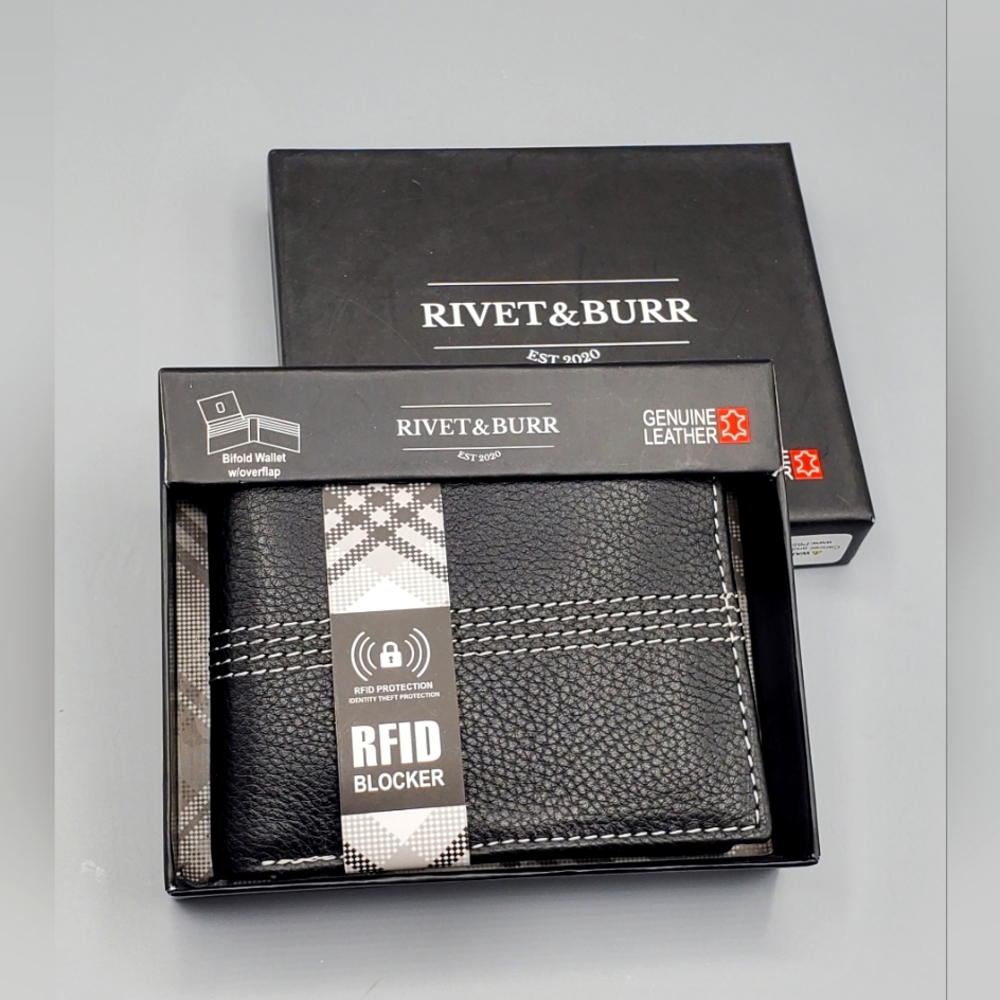 Rivet & Burr RFID Blocker Genuine Leather Bifold With Overflap Black Man Wallet.
